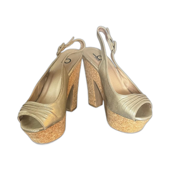 Gold Cork Platform Heels Bakers Size 6 Retro Y2K Party Slingbacks - Picture 1 of 6